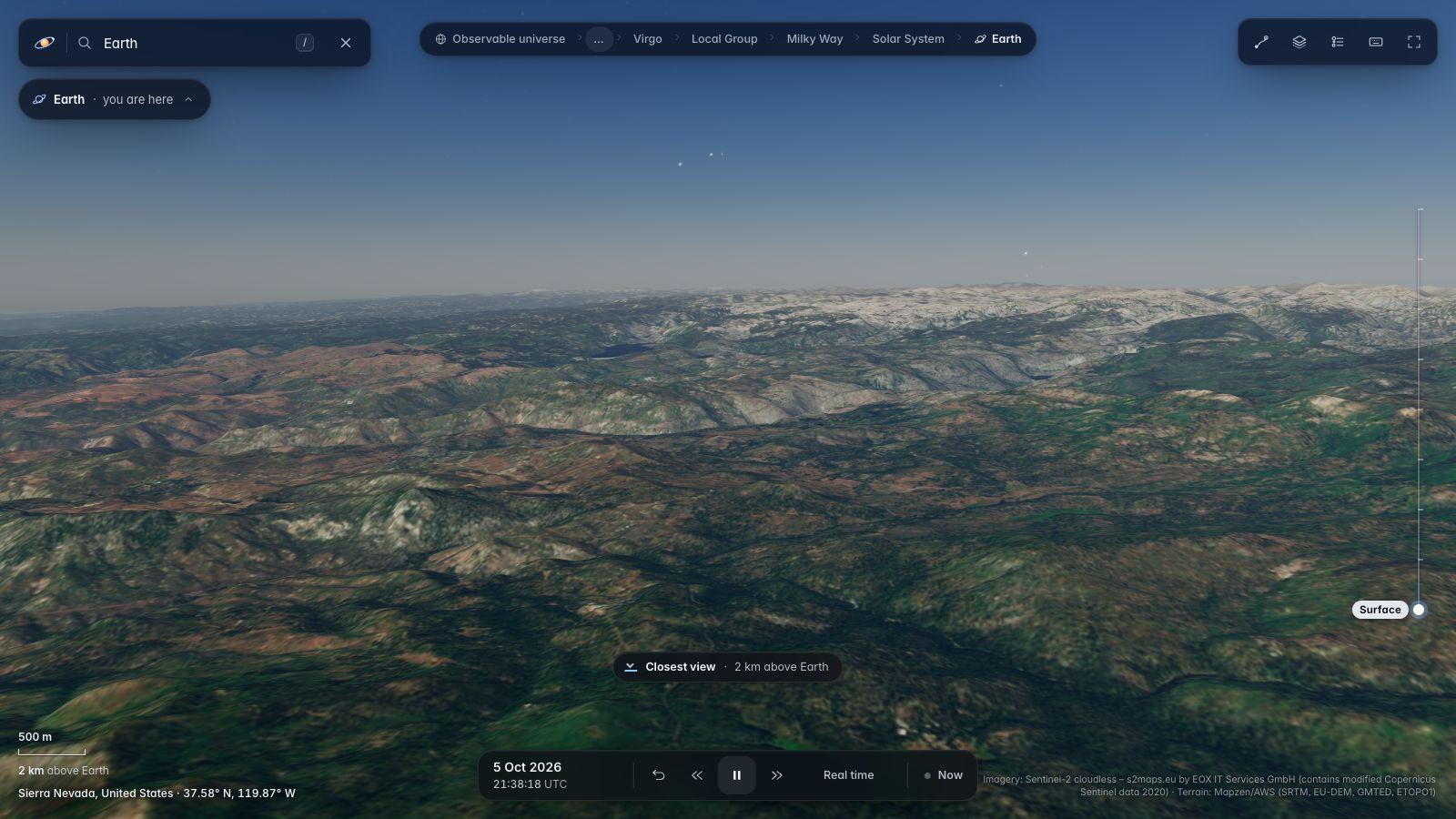 The Sierra Nevada in relief from 2 km above the ground.