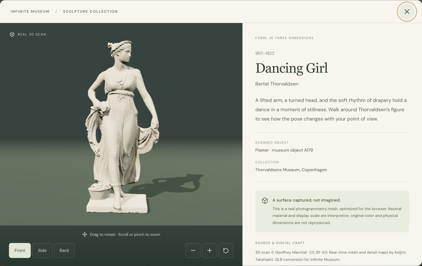 Thorvaldsen's Dancing Girl as an orbitable 3D scan beside its source record.