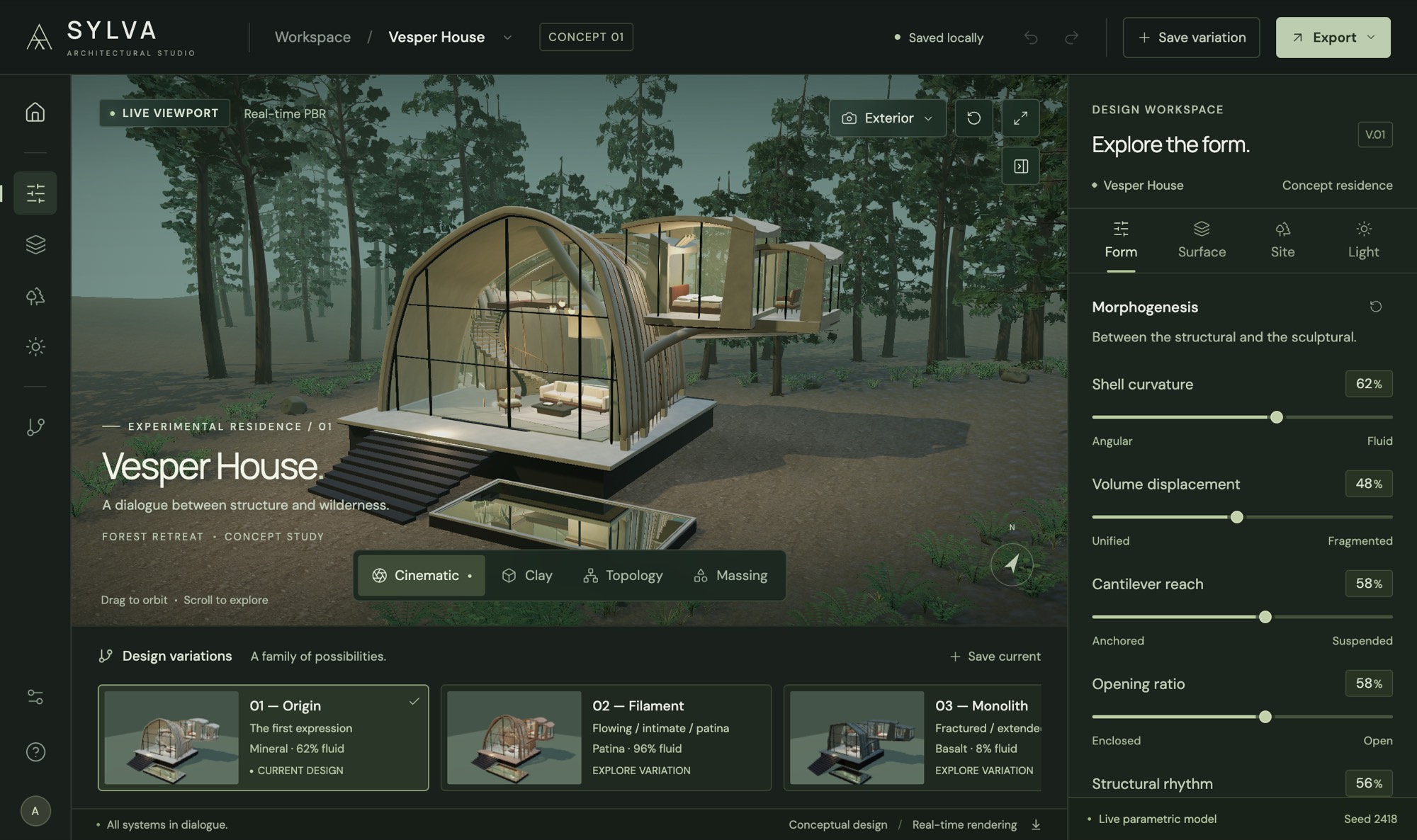 Sylva open on Vesper House: a vaulted timber shell and cantilevered pods among pines, with the form inspector on the right.