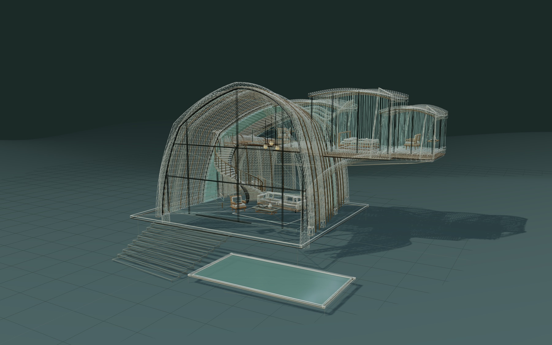 Vesper House in Topology mode: the mesh wireframe of shell, ribs, and furniture.